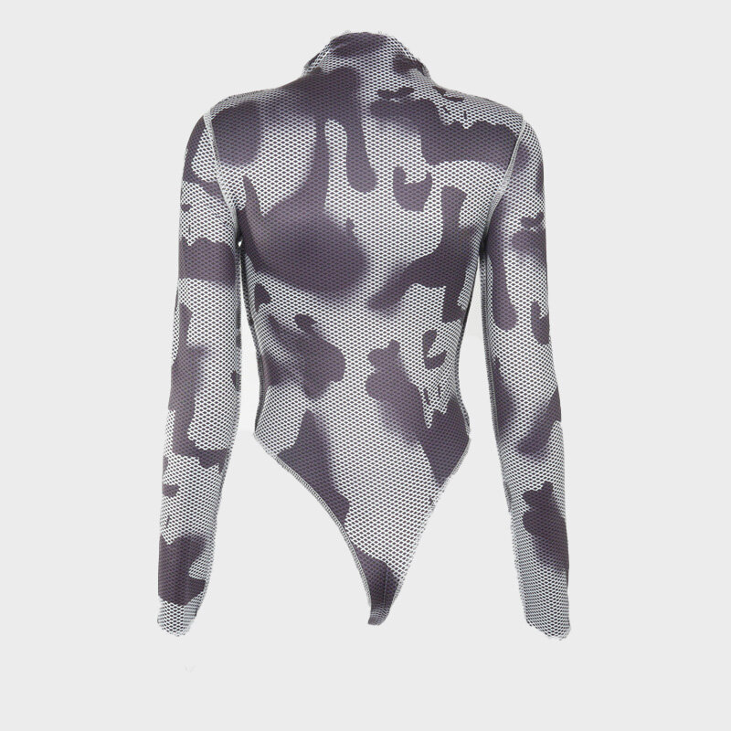 2021 Spring High Collar Printed Jumpsuit Reverse Long Sleeve High Cut Waist Slim Tights Women Casual Tops