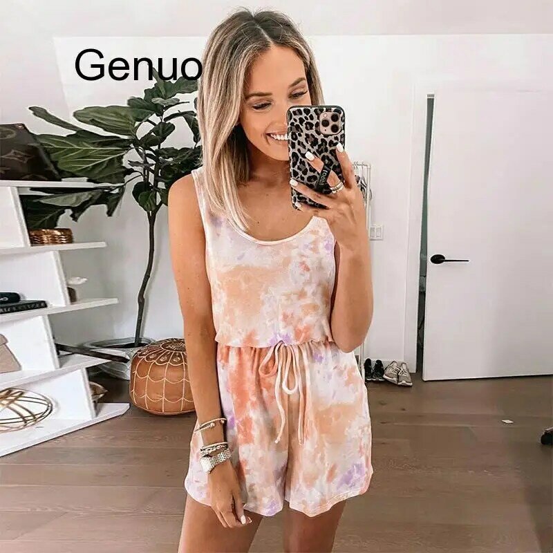 Tie-Dyed Summer Sleeveless Rompers Women Loose Playsuits Casual One Piece Overalls
