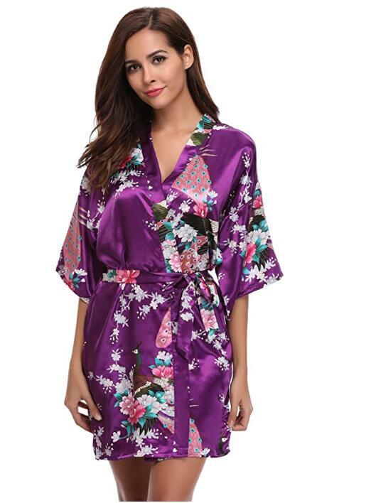 Robe Kimono à Imprimé Floral Violet pour Femme, Chemise de Nuit en Satin de Style Chinois, Taille S M L XL média XXXL