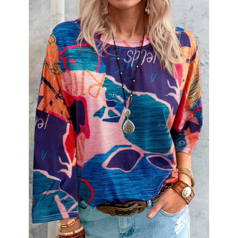 여성 라운드 넥 긴 소매 가을 새 프린트 풀오버 캐주얼 탑 패션 느슨한 그래픽 t 셔츠 여성용 일반 셔츠