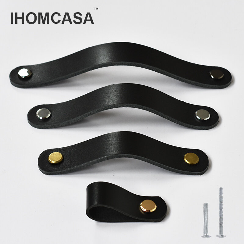 Черные кожаные ручки IHOMCASA, ручка для шкафа для обуви из воловьей кожи, мебельная ручки для дверцы ящика в американском стиле