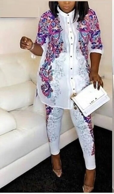 Pigiama donna set camicia abbottonata manica 3/4 bianca + pantalone hot drill stampato lounge set ensemble africaine femme