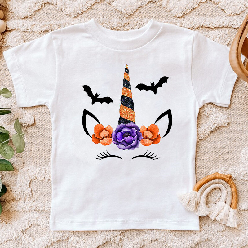 2022 Kawaii Eenhoorn Pompoen Gezicht T-Stront Happy Halloween T-shirt Vintage Korte Mouwen Shirts Jongen Meisje Tshirt Tees top