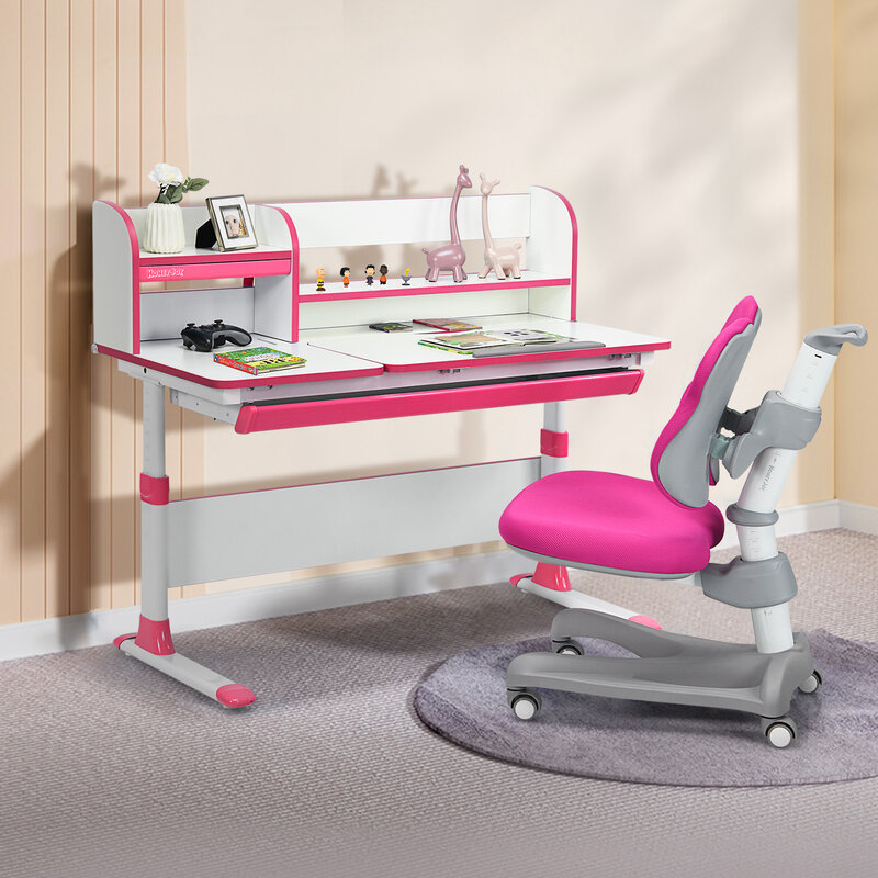 Honeyjoy-Bureau d'étude réglable pour enfants, table de proximité, ensemble de chaises avec étagère rose