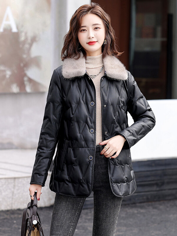 New Women Leather Down Jacket Autumn Winter 2024 Fashion Casual Warm Real Mink Fur Collar Loose Short Sheepskin Down Coat