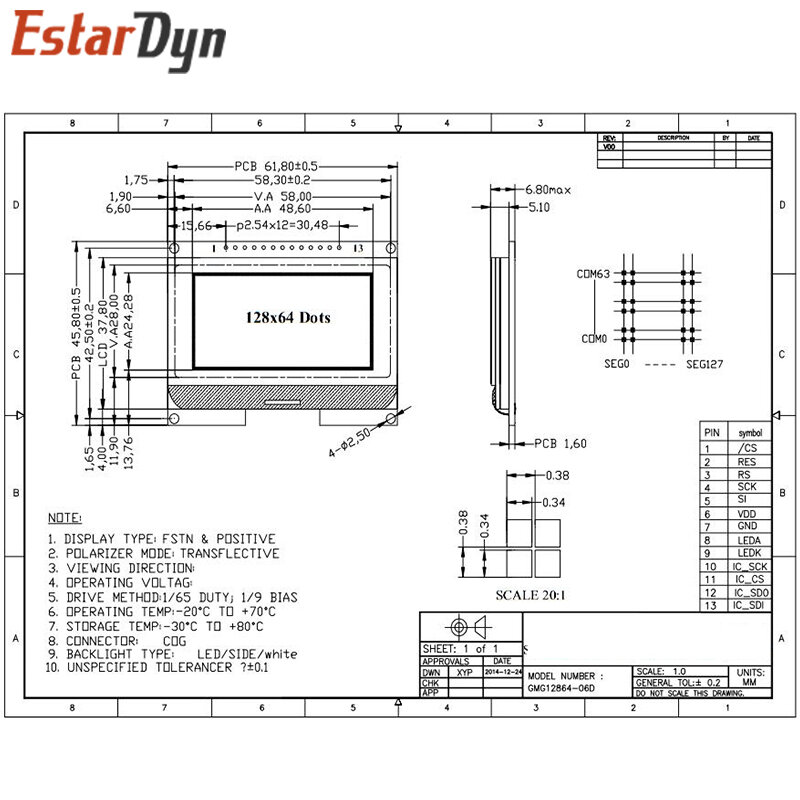شاشة مصفوفة نقطة مع الخط الصيني ، وحدة LCD ، واجهة SPI ، COG ، Lcd12864 ، 12864-06D ، 12864