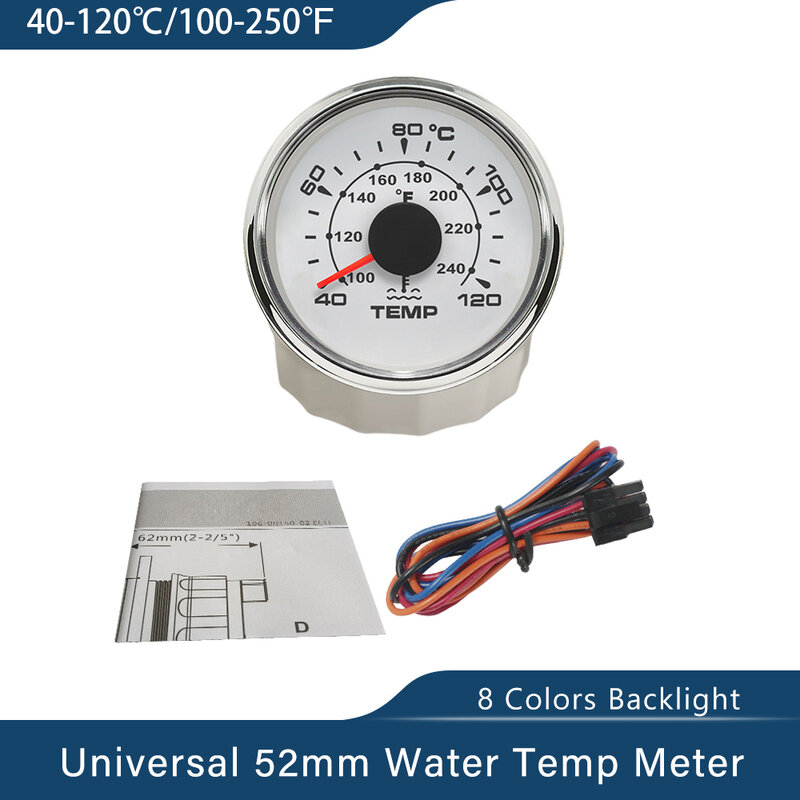 2" Water Temperature Gauge Temp Meter for Car Motorcycle RV Auto Yacht Boat with 8 Colors Backlight Universal  12V 24V