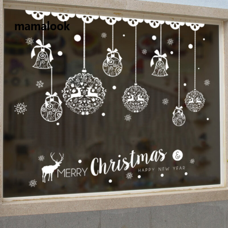 Christmas Wall Sticker Home Decor Store Window Decoration Hanging Jingle Bell Snowflake Reindeer papel de parede