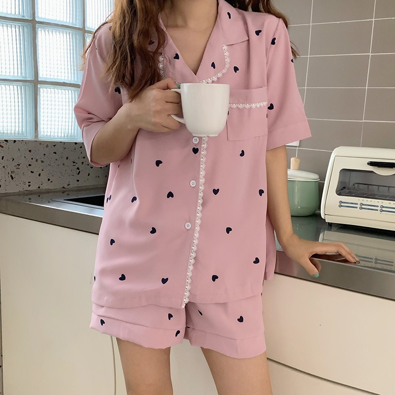 2021 verão confortável sleepwear turn down collar solto doce homewear chique impressão feminina meninas pijamas conjuntos