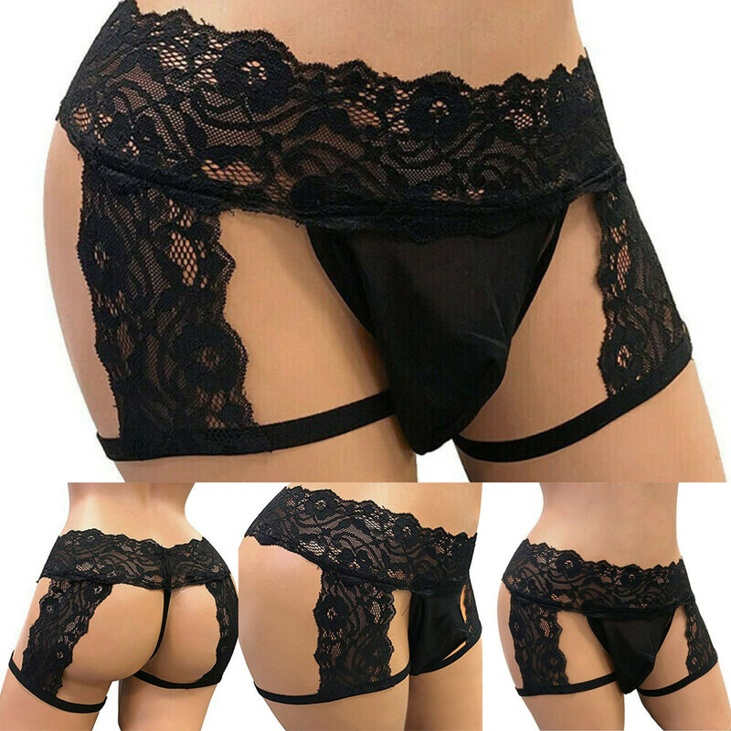 Men's Sexy Sissy Underwear Lace Thongs Enhance Pouch Bikini Briefs Underpants Men's Underwear Sexy Lace Three-point Leather Hot