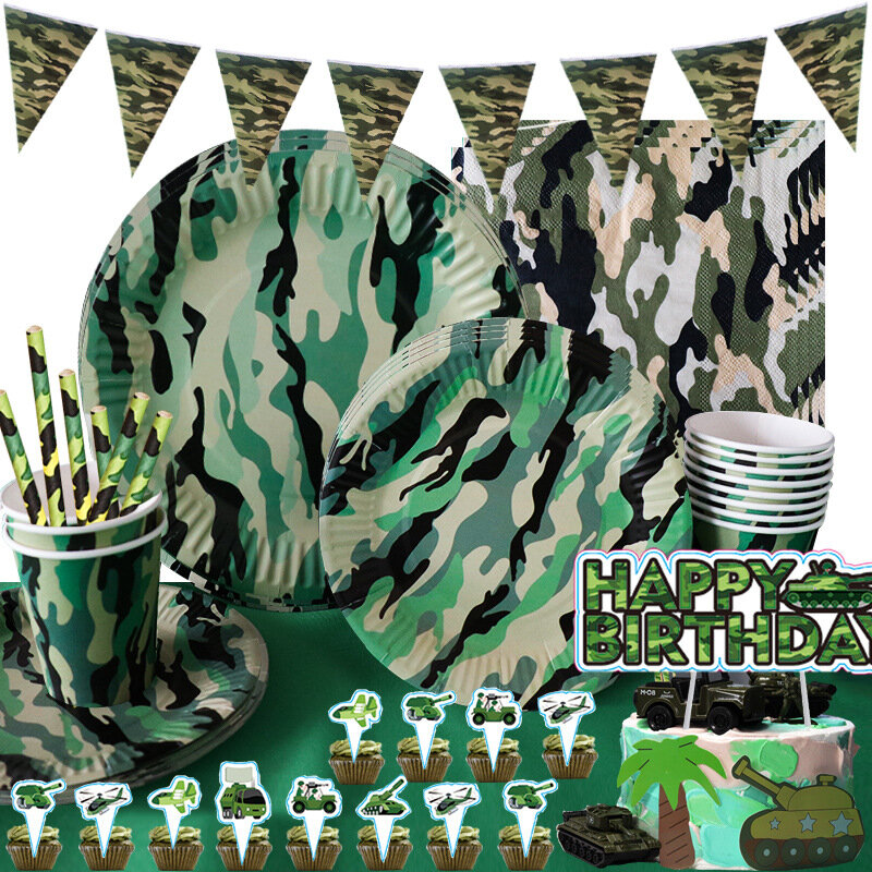 Juego de vajilla con tema de camuflaje verde militar para fiesta, vasos de papel, platos, suministros para fiesta de cumpleaños de niños