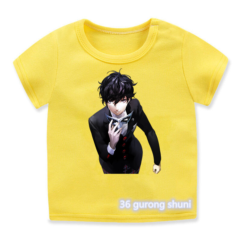 Nowatorski Design koszulki dla nastolatków Anime Persona 5 Joker nadruk kreskówkowy koszulki dla chłopców Casual hip-hopowe koszulki dla dzieci żółta koszula topy
