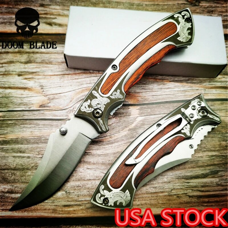 195mm 5CR15MOV Blade Knives Military Folding Knife 57HRC Wood Handle Outdoor Camping Knives Tactical Huntng Pocket Survival