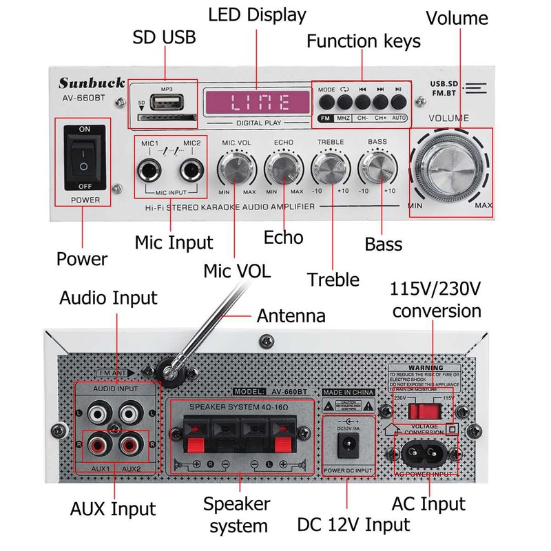 SUNBUCK AV power amplifier 2.0 Channel Audio Home Theater Amplifiers DC 12V 110V/220V Support EQ FM SD USB 2 Mic 5.0 bluetooth
