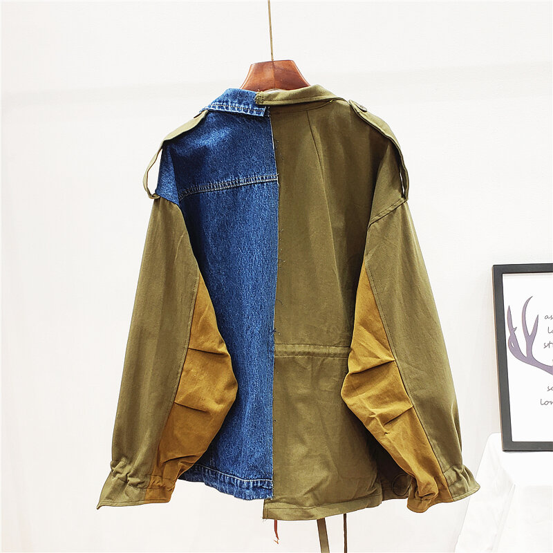 Женская джинсовая куртка составного кроя, синяя или хаки джинсовая куртка свободного покроя, осень 2022