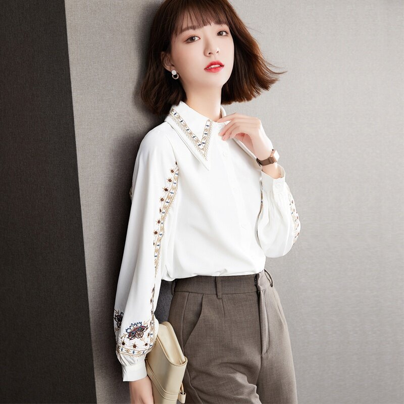 Vintage White Embroidered Shirt Chiffon Long Sleeve Top 2021 Spring Womens Tops and Blouses Blusas