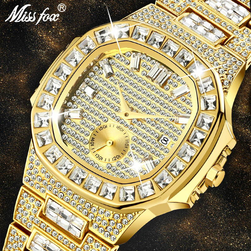 MISSFOX Luxury Men Watch Gold 18K Nautilus Model completamente pavimentato Baguette Diamond orologi da uomo calendario impermeabile orologio da uomo ore