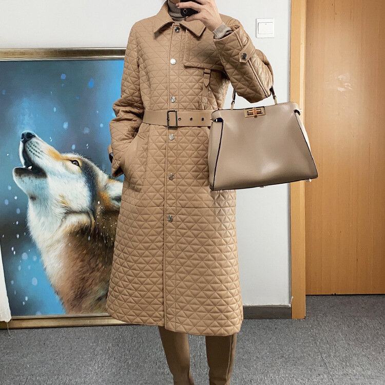 2021 새로운 도착한 여성 패션 슬림 정품 양피 가죽 격자 무늬 긴 윈드 브레이커 코트