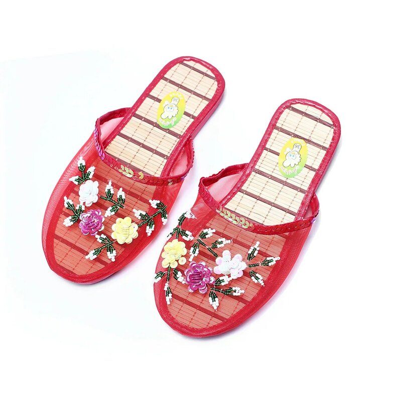 Women Indoor Slippers Sequin Flat Shoes Lady Summer Hollow Mesh Beach Slippers Flip Flops Casual Baotou Creative Flower Mesh