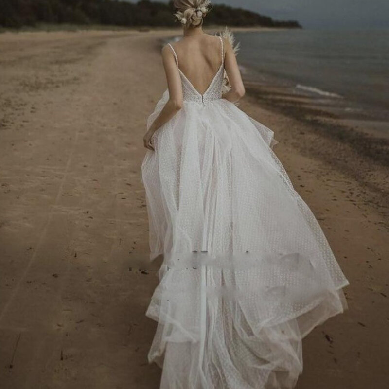 Vestido de novia de princesa para mujer, vestido de novia bohemio rústico con cola de barrido Civil, sin mangas, con tirantes finos, elegante para playa