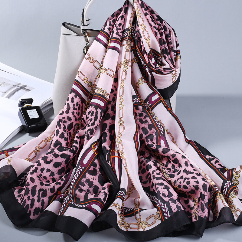 2020 cachecol de seda feminino, cachecol de seda macia para mulheres cachecol estampado de leopardo lenço longo