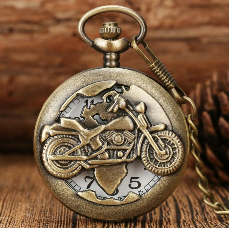 Antique Bronze Hollow 3D Motorcycle Autocycle Autobike Pattern Quartz Pocket Watch Necklace Pendant Chain Gift Reloj De Bolsillo