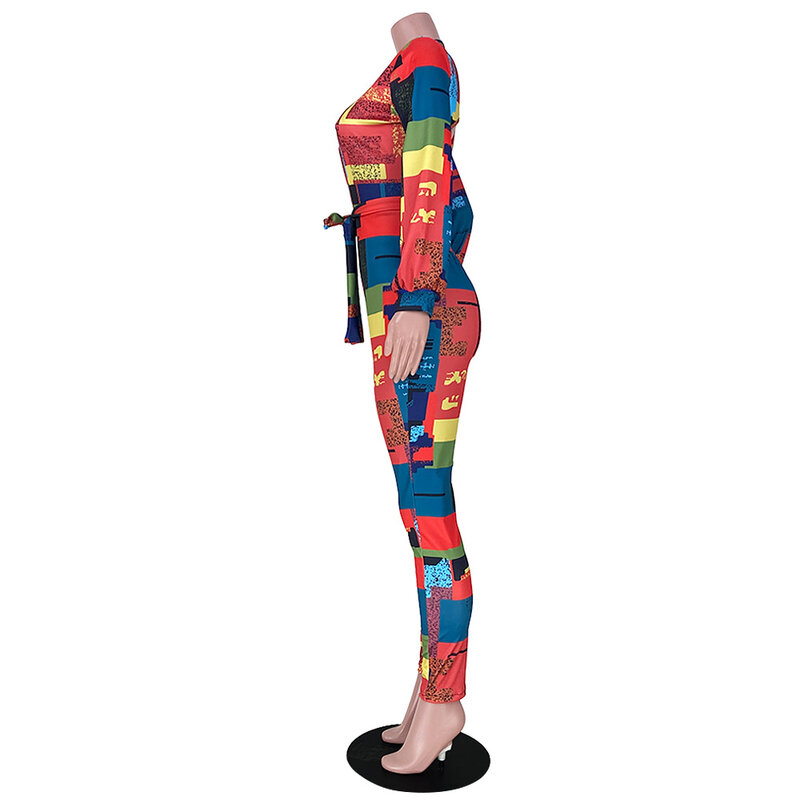 Bkld 2020 outono nova moda com decote em v sem encosto colorido impresso bandagem das mulheres macacões calças compridas sexy festa noturna outfits