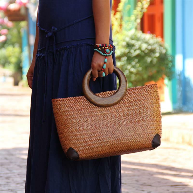 Bolsa de vime de palha personalizada 36x20cm, novo estilo tailandesa, tecido a mão, feminina, bolsa retrô literária, a6104