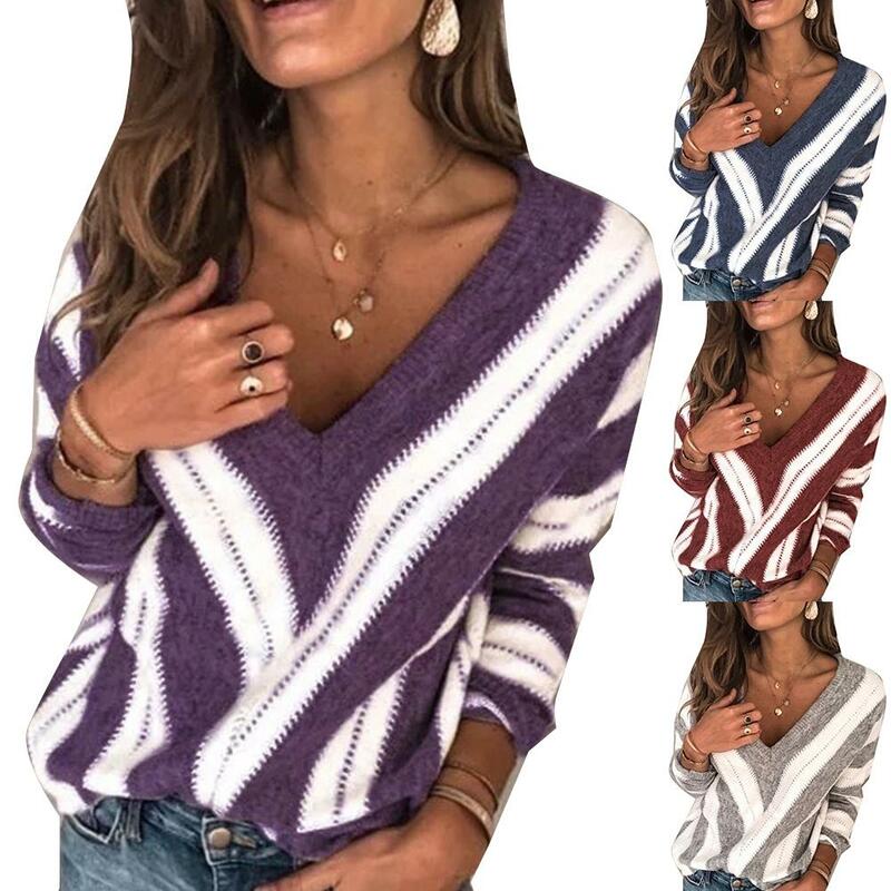 Suéter feminino com gola V, solto, bloco de cores, plus size, moda outono, Hot Sales, 2020