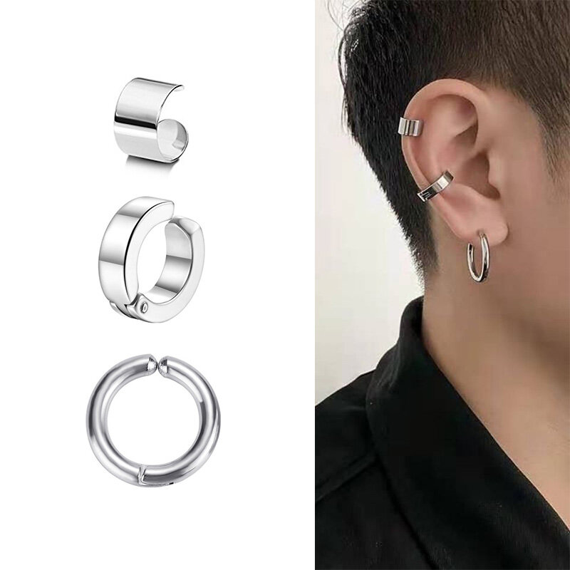 1Pc Punk Steel-color Stainless Steel Painless Ear Clip Earrings For Men/Women Street Pop Non Piercing Fake Earrings Jewelry Gift