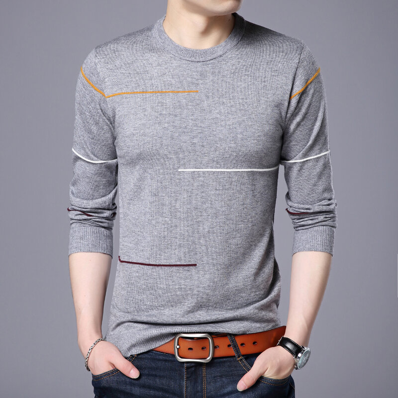 Camisa masculina de malha slim fit, blusa casual com gola redonda e listras, camisas masculinas de manga comprida