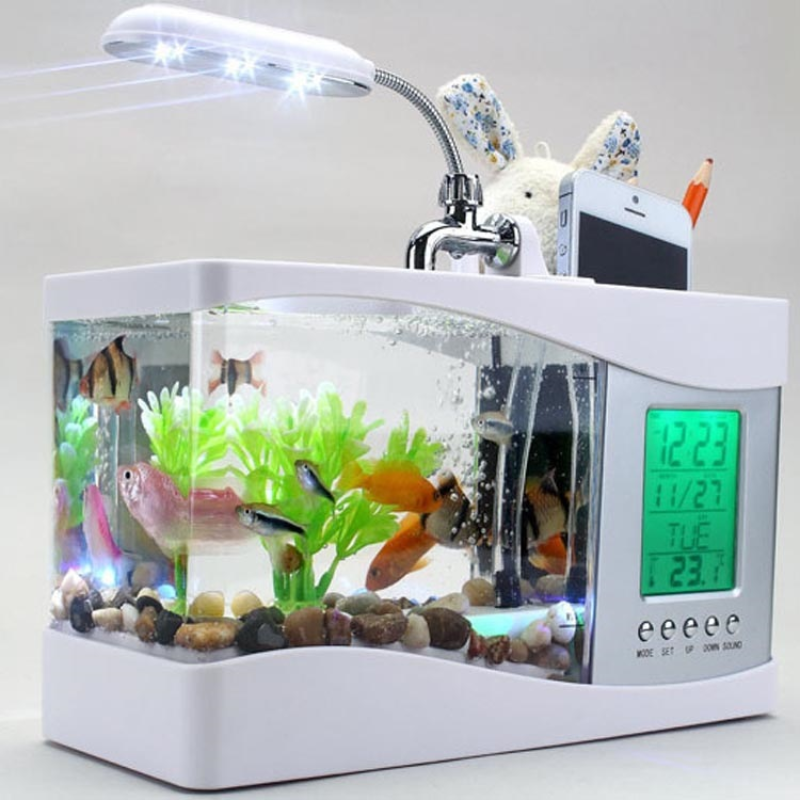 Lampu tangki ikan akuarium LED multifungsi, untuk tangki ikan kecil, USB, pemegang pena, lampu meja, kalender, kalender