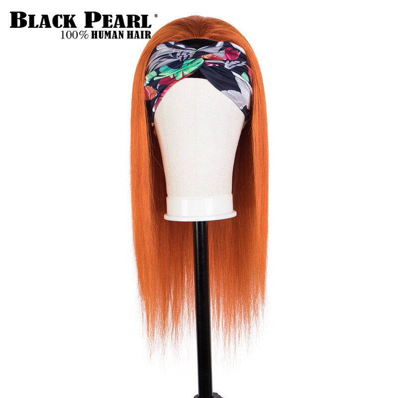 Peluca de cabello humano liso para mujeres afroamericanas, pelo liso de Color naranja, jengibre, Perla Negra, Diadema naranja
