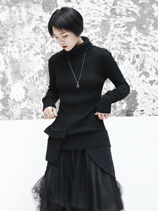 [EAM] z czarnymi kieszeniami Stitch sweter z dzianiny luźny krój z golfem z długim rękawem dla kobiet swetry nowy mody fala wiosna 2020 JI097
