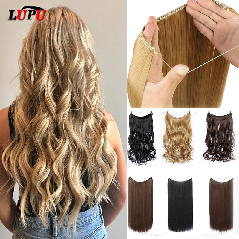 LUPU 24" Synthetic Long Wavy Fish Line Hair Extensions Invisible Wire Secret No Clips In Hairpieces Heat Resistant Fiber