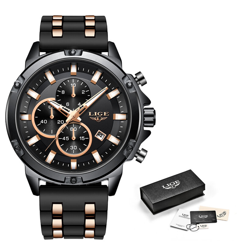 Zegarek męski LIGE czarny biznes klasyczne męskie zegarki Top marka luksusowy męski wodoodporny pasek silikonowy Sport chronograf zegar