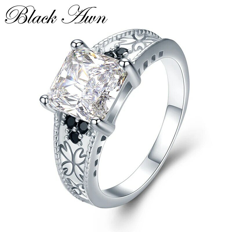 Zwarte Awn 2024 Nieuwe Echte 100% Sterling 925 Zilveren Sieraden Vierkante Verlovingsringen Voor Vrouwen Cadeau C475 C476