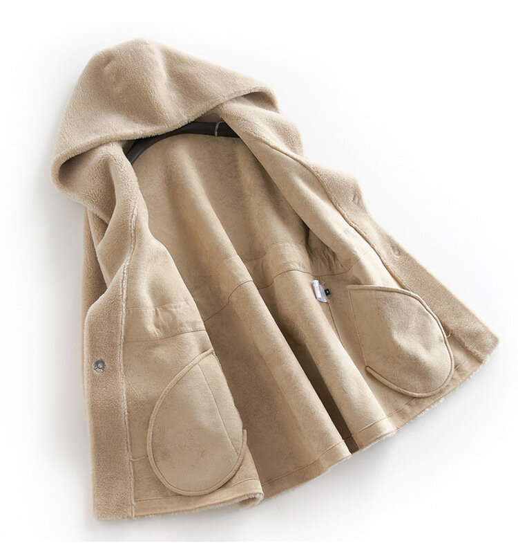 Abrigo de piel auténtica para mujer, abrigo de lana de oveja natural, con capucha y cinturón, informal, cálido, invierno