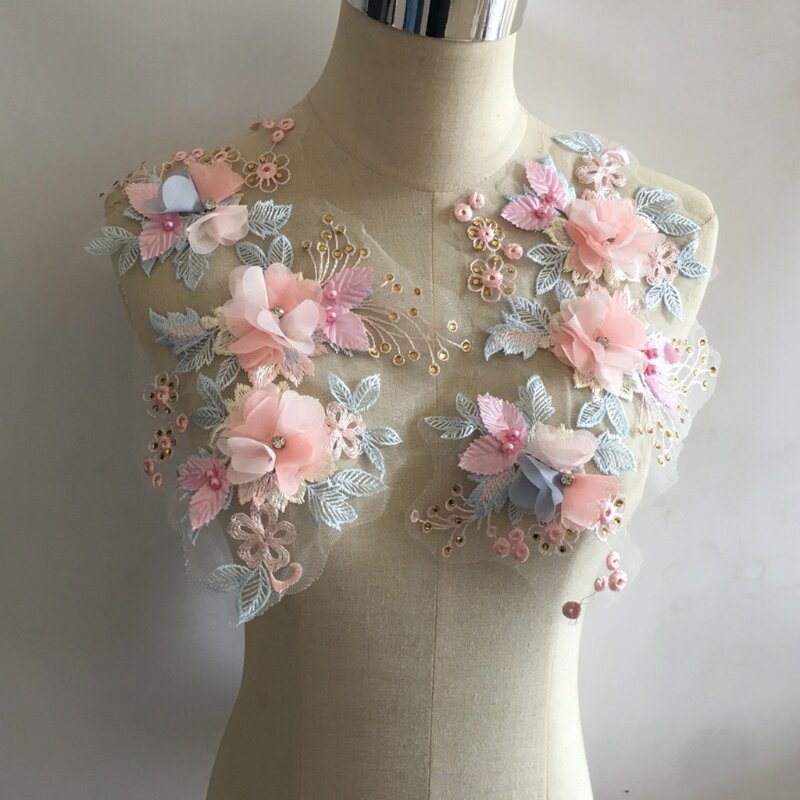 F3MD 1 Paar Spitze Applique 3D Perlen Gestickte Blumen Trim Patches Große für DIY Ausschnitt Mieder Hochzeit Braut Prom Kleider