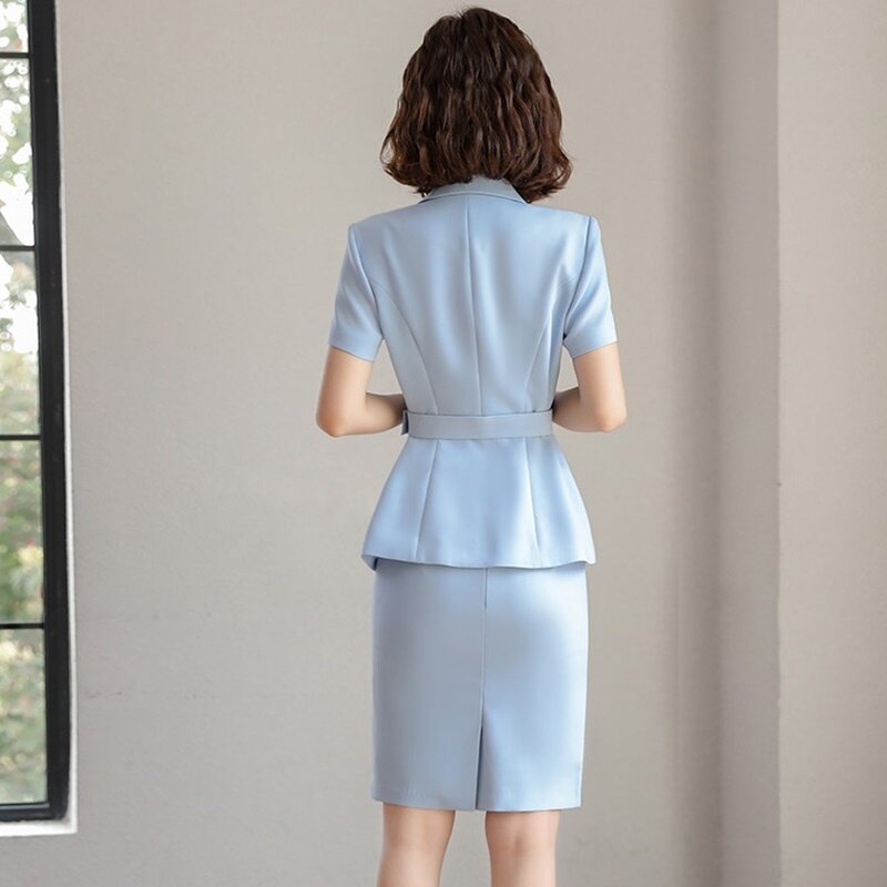 Blazer de manga curta feminino com saia, uniforme de escritório feminino, roupa de negócios, nova moda, verão, DD2793, conjunto de 2 peças