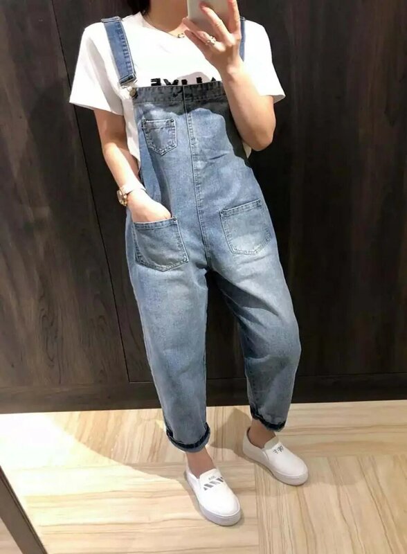Damski niebieski Denim Playsuit moda kobiece lato luźne kieszenie spodnie jeansowe spodnie kombinezon Casual Combinaison kombinezony Romper