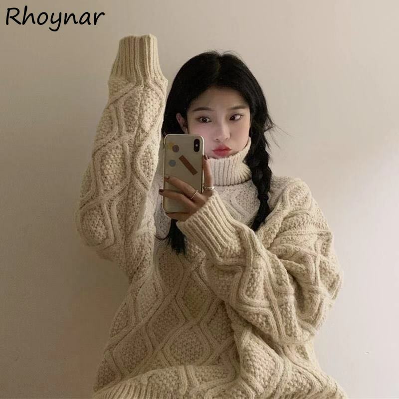 Jerseys de cuello alto para mujer, suéter BF holgado sólido que combina con todo, básico, de punto, moda coreana, cálido para otoño, nuevo y elegante