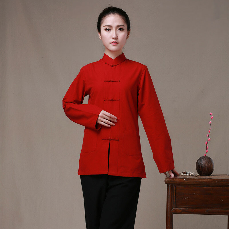 زي Hanfu النسائي ، ملابس صينية تقليدية من القطن بأكمام طويلة ، بدلة تانغ ، قميص موحد للكونغ فو تاي تشي ، بلوزة حمراء