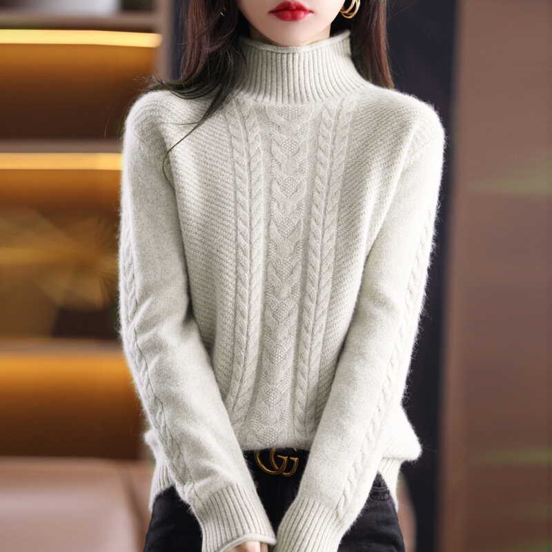 Sweter Musim Gugur/Dingin Gaya Baru Setengah Leher Tinggi Wanita 100% Pulover Wol Murni Tebal Longgar Fashion Korea Kaus Rajut Bawah
