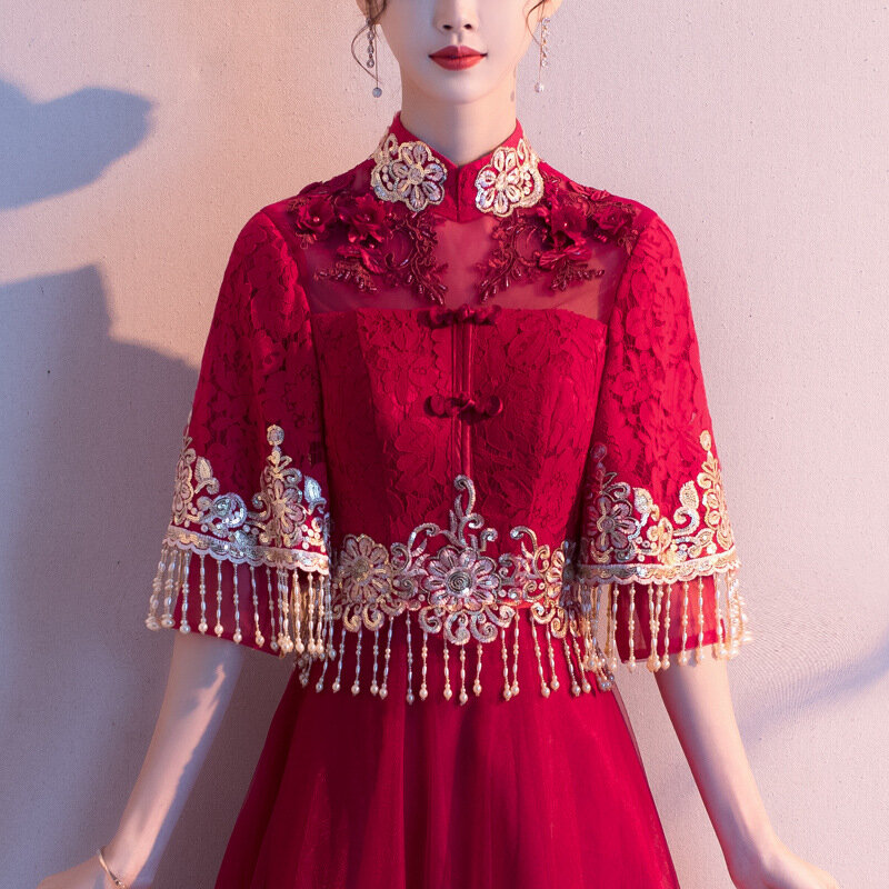 Торжественное китайское свадебное платье, три четверти, высокая талия, кружевное Сетчатое платье, воротник-стойка, дизайнерское платье для беременных женщин ZL629