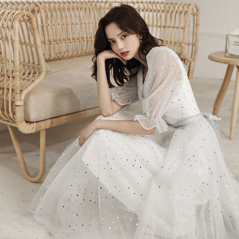 Little Dress Fairy Line-vestido de noche para banquete, falda pequeña ajustada de longitud media, color blanco, novedad de 2020