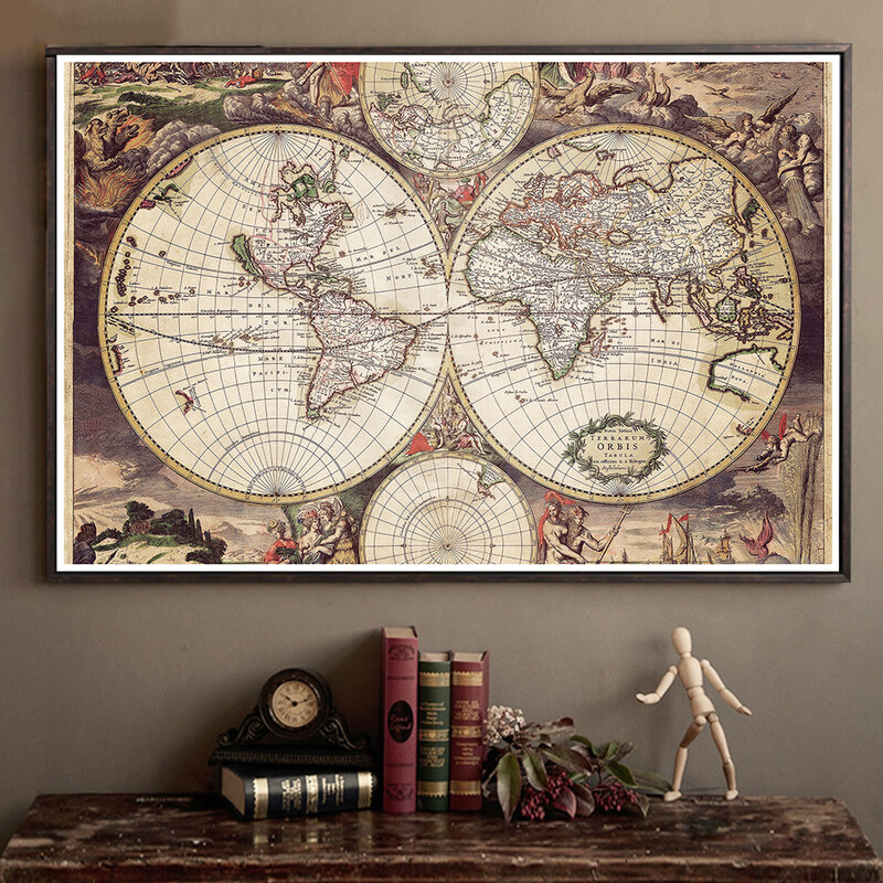 5*3 Feet  Vintage Map of The World Non-woven Canvas Painting Medieval Latin Art Poster Living Room Home Decor School Supplies