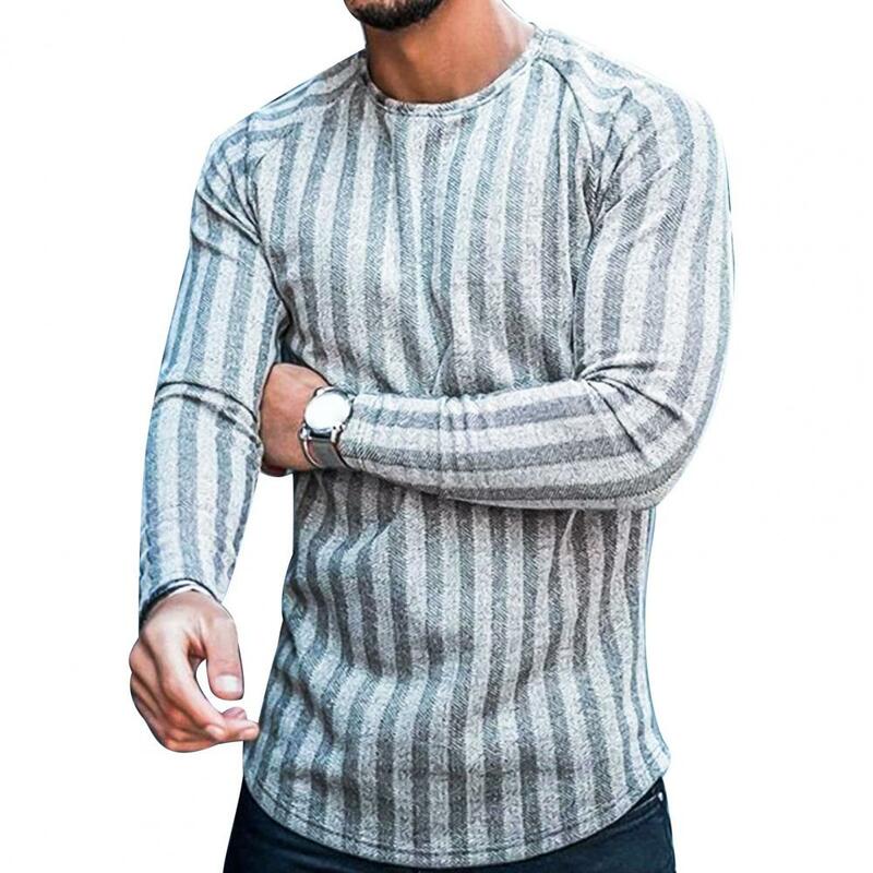 Kaus Kasual Pria Atasan Gambar Kotak-kotak Bergaris Lengan Panjang Kaus Ramping Kerah O Baju Pria Musim Panas Kaus Dalam Ukuran Besar Mode