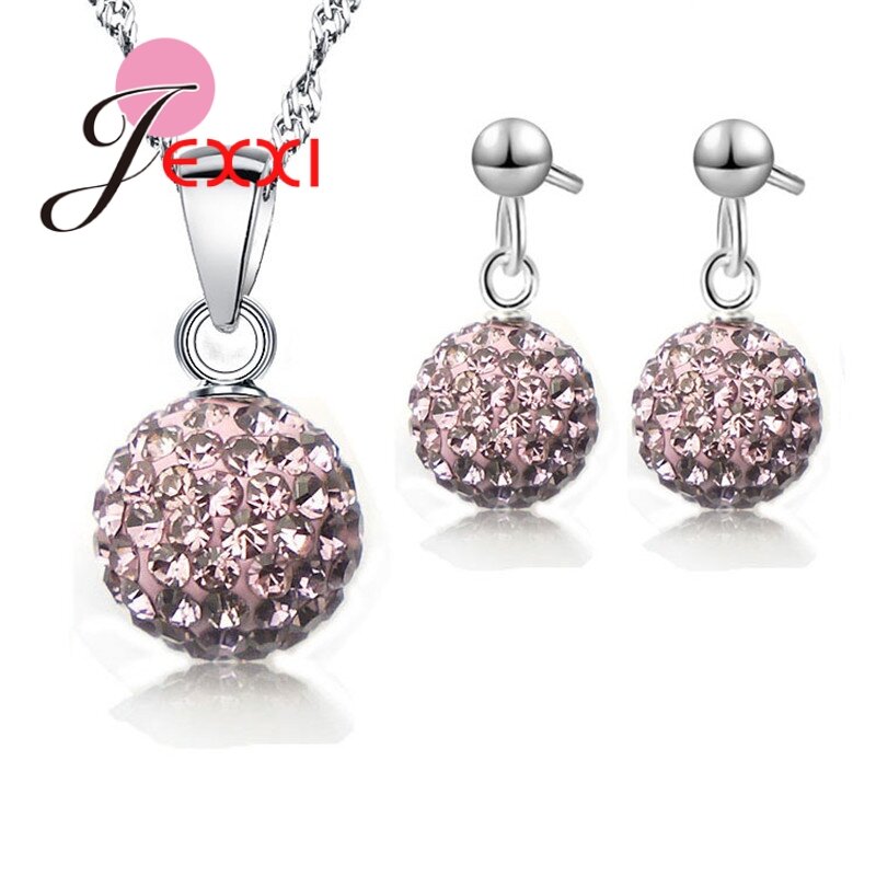 Austria Membuka Disco Ball Stud 925 Sterling Silver Anting-Anting Kalung Liontin Kristal Austria Wanita Perhiasan Set Hadiah