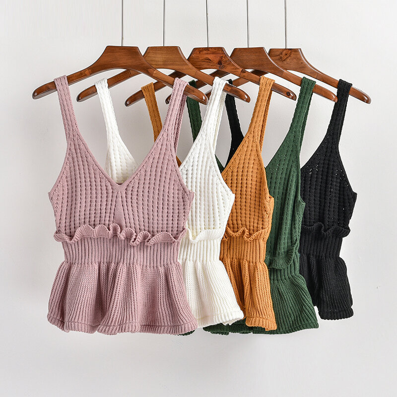 new fashion women knitted Ruffles vest short design Camis Tank Top Sleeveless sweater female sexy clothing pullover girls tops